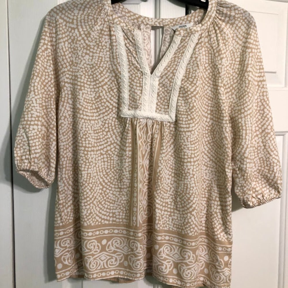 Crown & Ivy Tan and White Peasant Style Blouse